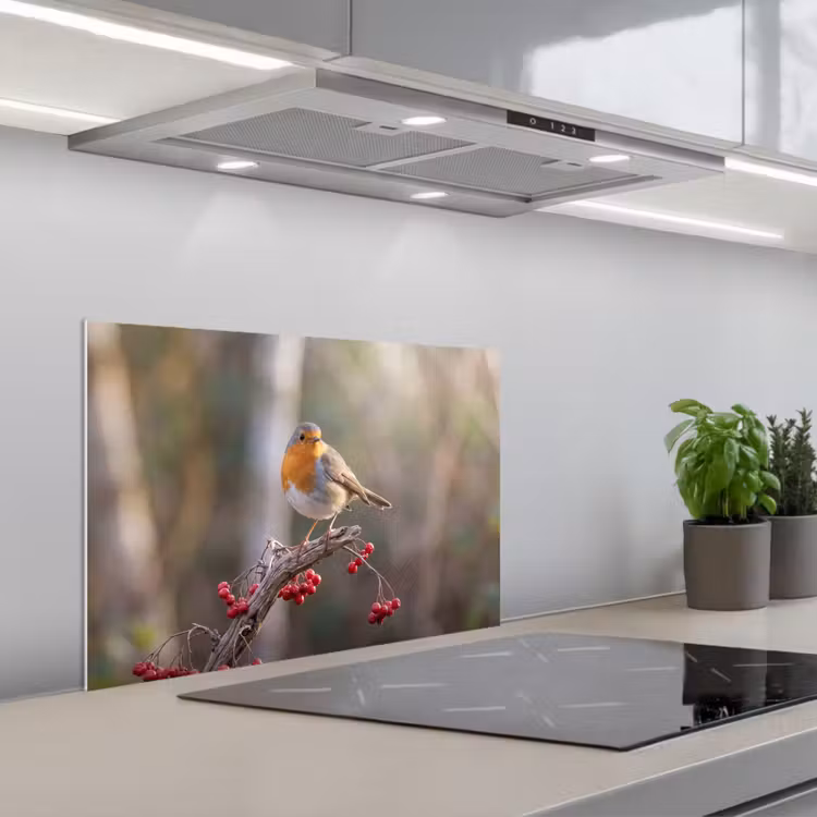 Roodborst - Tak - Bessen - Natuur keuken achterwand spatscherm klein -3d_schuin