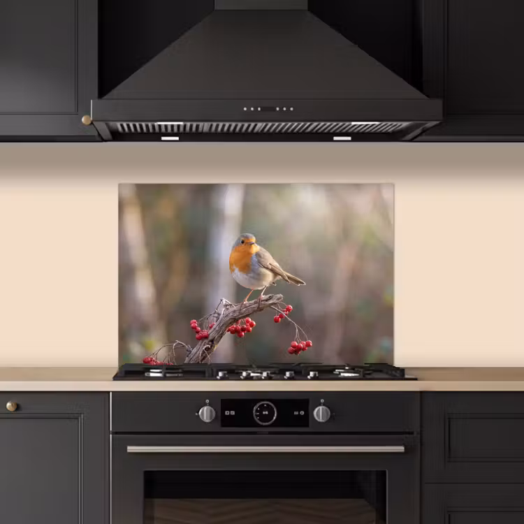 Roodborst - Tak - Bessen - Natuur keuken achterwand spatscherm klein -sfeer1