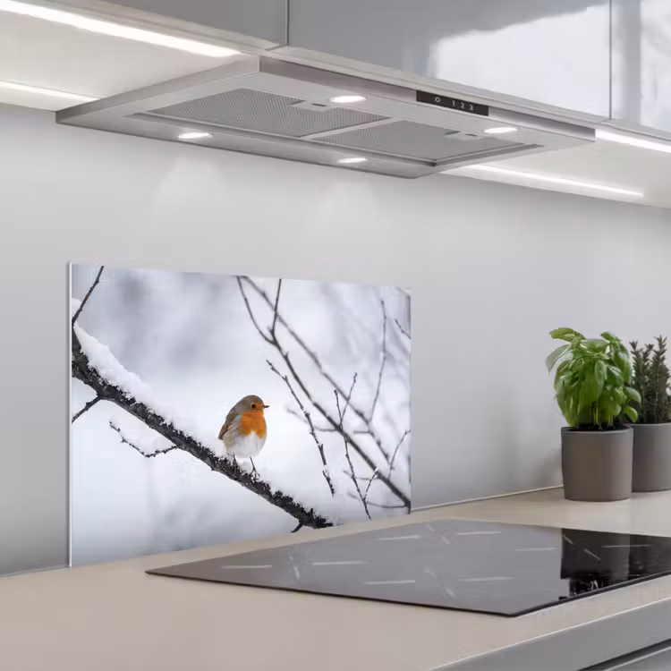 Roodborstje - Tak - Sneeuw - Winter - Levendig keuken achterwand spatscherm klein -3d_schuin