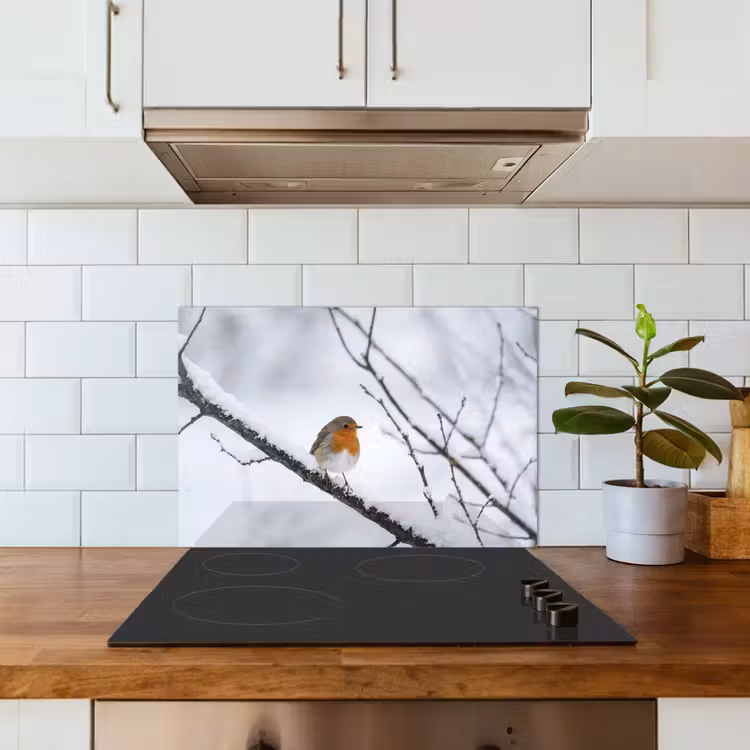 Roodborstje - Tak - Sneeuw - Winter - Levendig keuken achterwand spatscherm klein -sfeer2