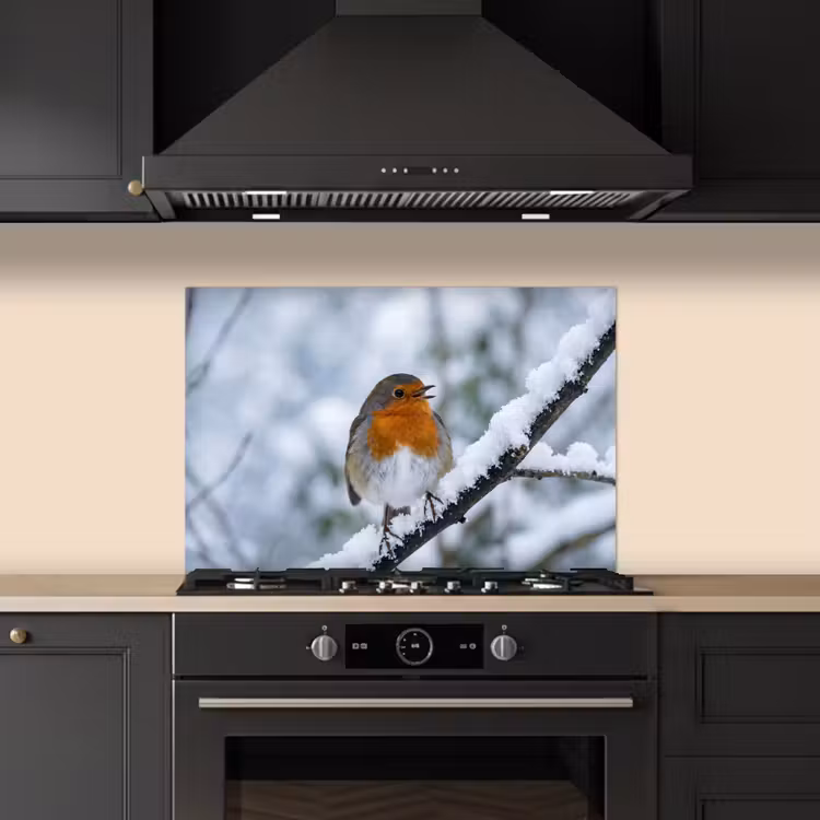 Roodborstje - Tak - Sneeuw - Winter - Levendig keuken achterwand spatscherm klein -sfeer1