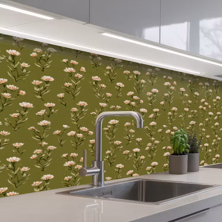 Landelijk - Bloemen -  Groen keuken achterwand 2 middel 871 -3d_schuin