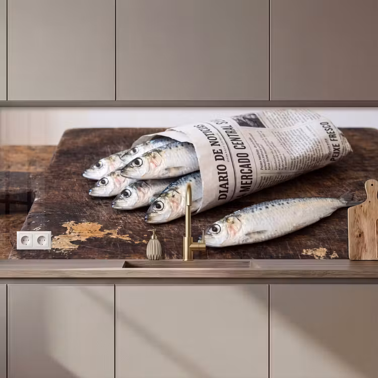 Küchenrückwand - Sardine – Zeitung – Schneidebrett - Sardientje - krant - snijplank keuken achterwand 2 middel zz_3dshopping