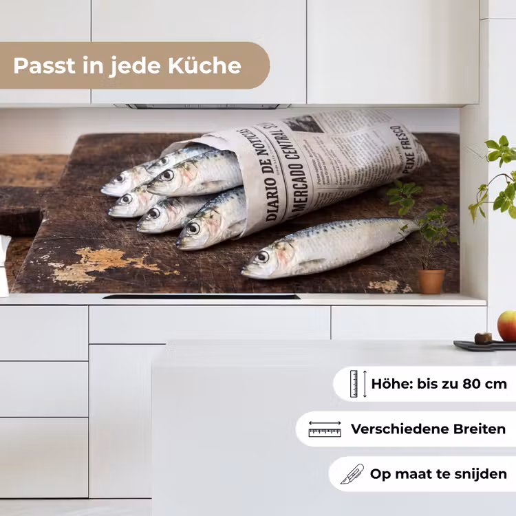 Küchenrückwand - Sardine – Zeitung – Schneidebrett - Sardientje - krant - snijplank keuken achterwand 2 middel