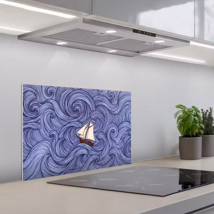 Schip - Golven - Zee - Illustratie - Blauw keuken achterwand spatscherm klein -3d_schuin