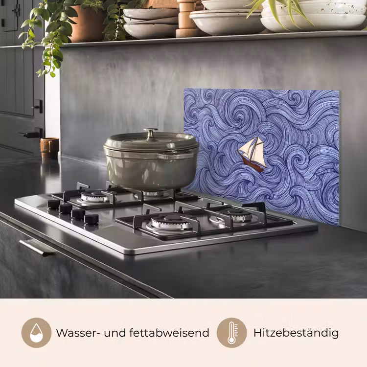 Schip - Golven - Zee - Illustratie - Blauw keuken achterwand spatscherm klein -usp_DE
