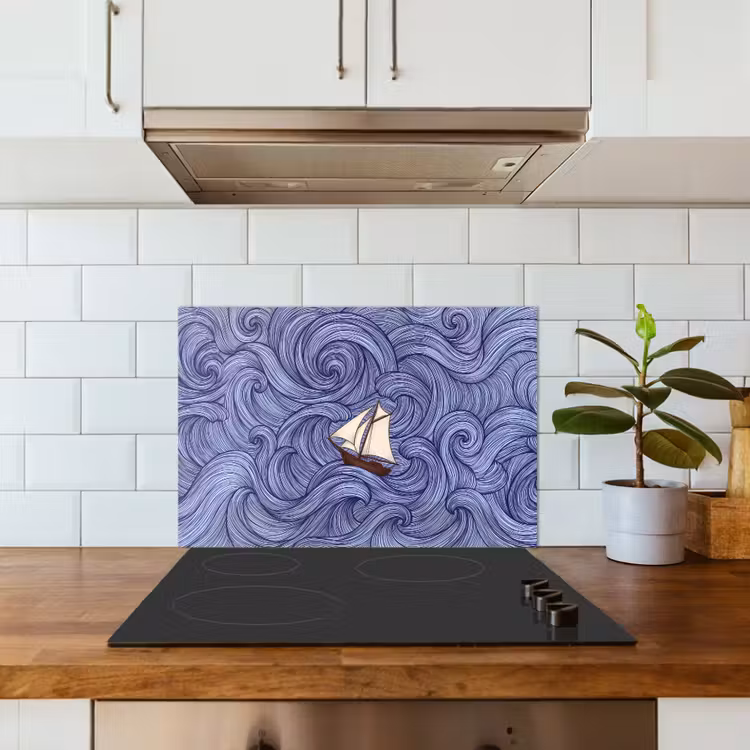 Schip - Golven - Zee - Illustratie - Blauw keuken achterwand spatscherm klein -sfeer2
