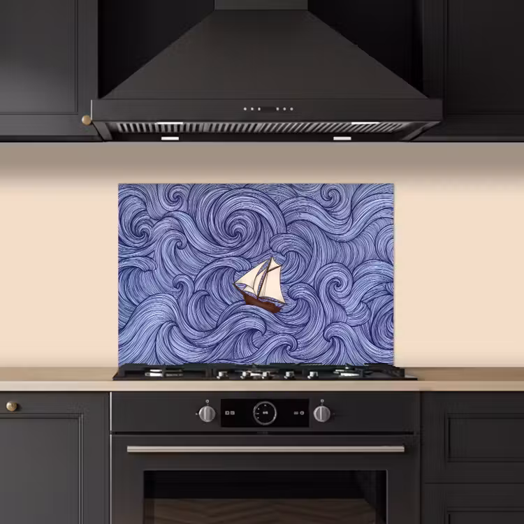 Schip - Golven - Zee - Illustratie - Blauw keuken achterwand spatscherm klein -sfeer1