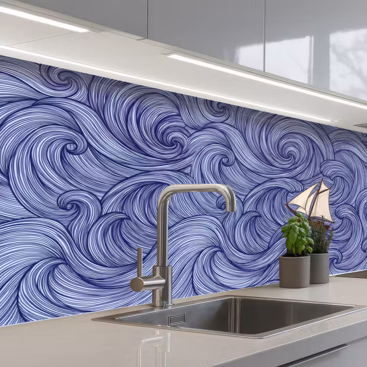 Schip - Golven - Zee - Illustratie - Blauw keuken achterwand 2 middel -3d_schuin