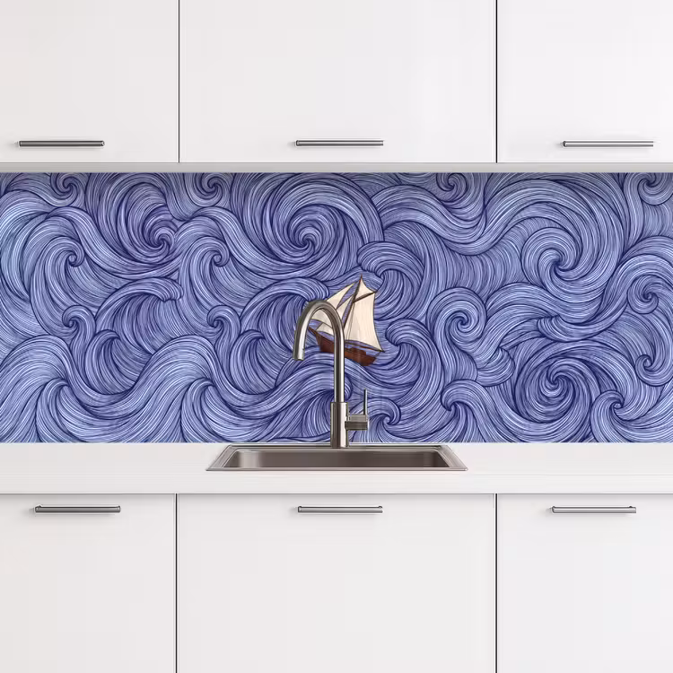 Schip - Golven - Zee - Illustratie - Blauw keuken achterwand 2 middel -3d