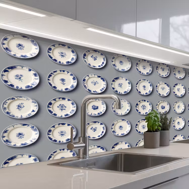 Borden - Bloemen - Blauw - Wit keuken achterwand 2 middel 871 -3d_schuin