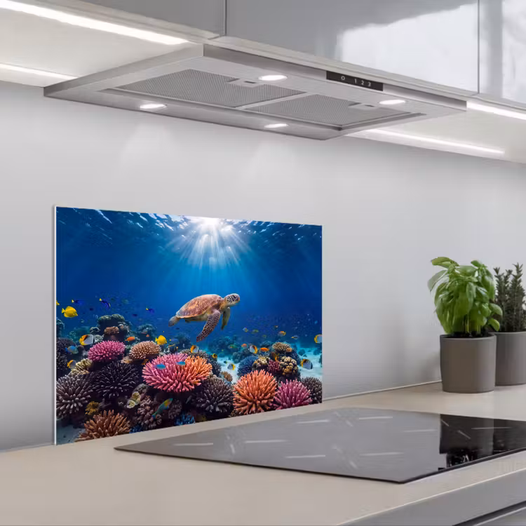 Schildpad - Koraalrif - Oceaan - Dieren - Blauw keuken achterwand spatscherm klein -3d_schuin