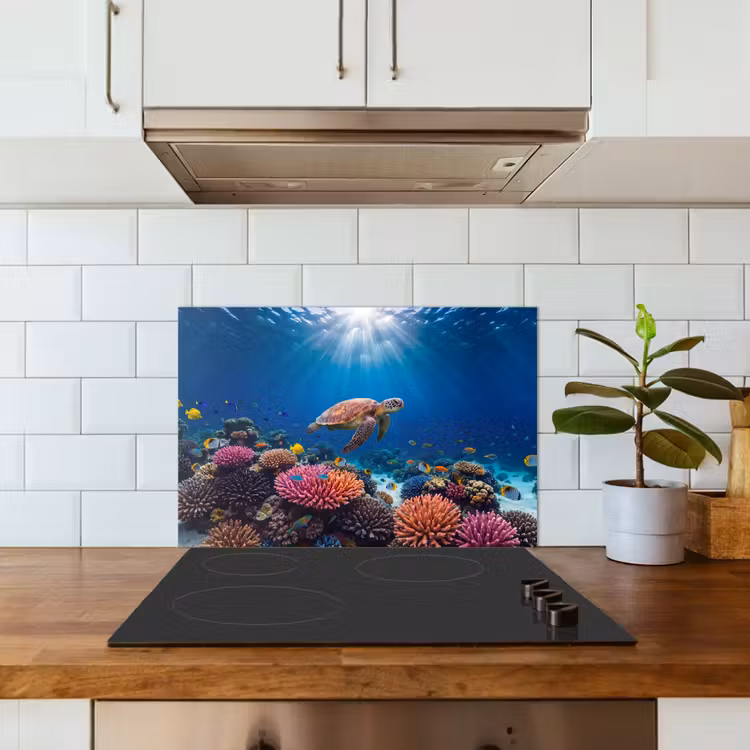 Schildpad - Koraalrif - Oceaan - Dieren - Blauw keuken achterwand spatscherm klein -sfeer2