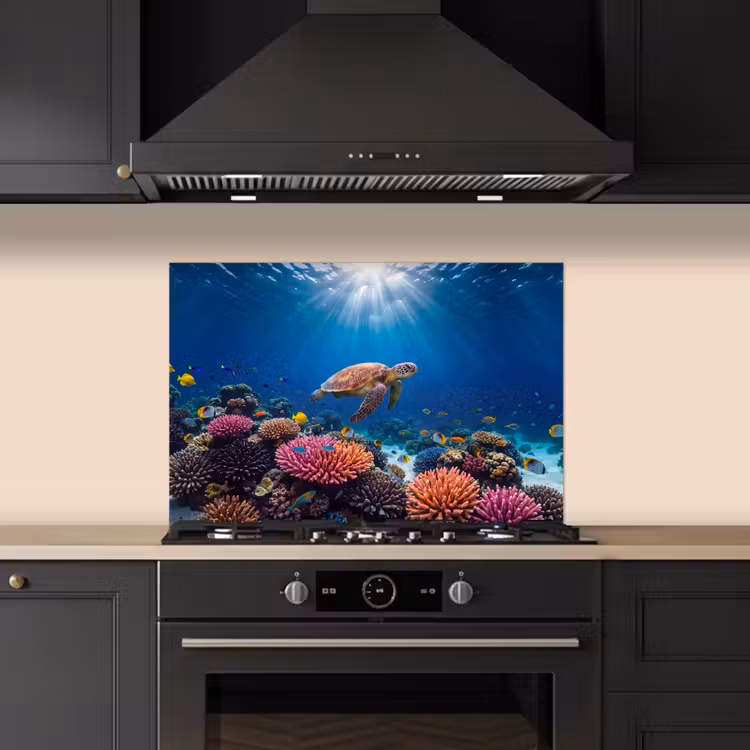 Schildpad - Koraalrif - Oceaan - Dieren - Blauw keuken achterwand spatscherm klein -sfeer1