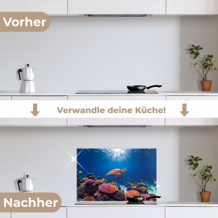 Schildpad - Koraalrif - Oceaan - Dieren - Blauw keuken achterwand spatscherm klein -voor_na_DE