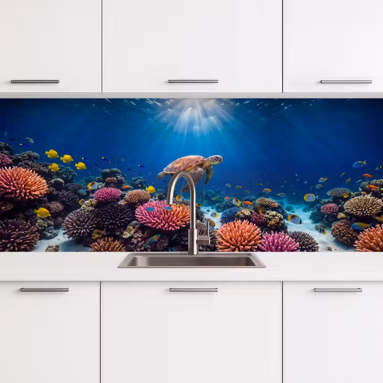 Schildpad - Koraalrif - Oceaan - Dieren - Blauw keuken achterwand 2 middel -3d