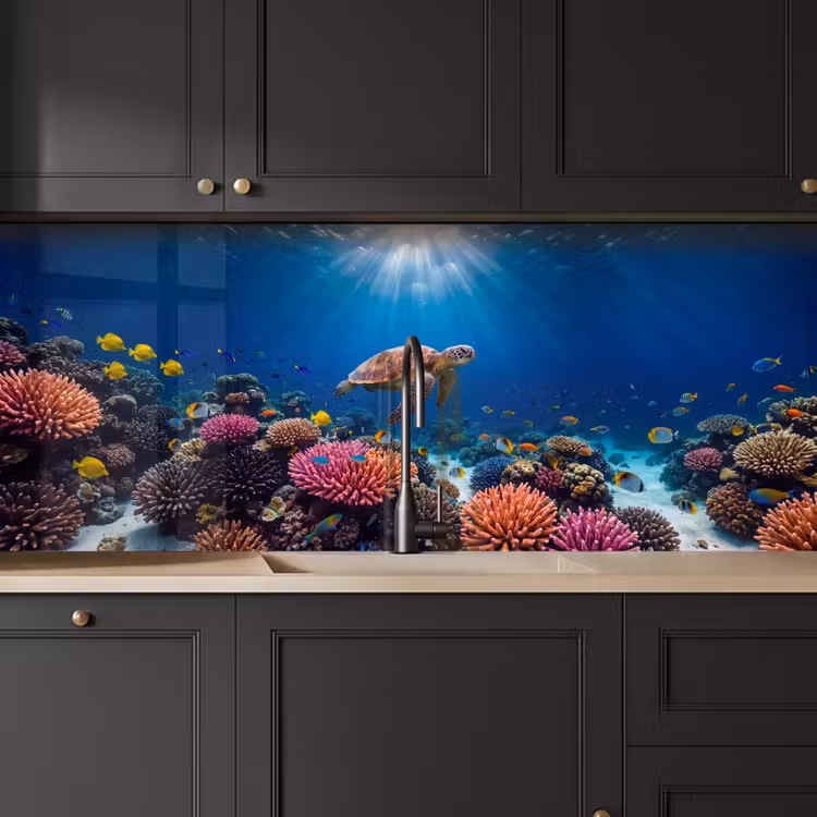 Schildpad - Koraalrif - Oceaan - Dieren - Blauw keuken achterwand 2 middel -sfeer1