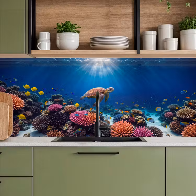 Schildpad - Koraalrif - Oceaan - Dieren - Blauw keuken achterwand 2 middel -sfeer3