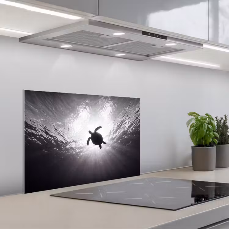 Schildpad - Onderwater - Lichtstralen - Oceaan - Zwart-wit keuken achterwand spatscherm klein -3d_schuin