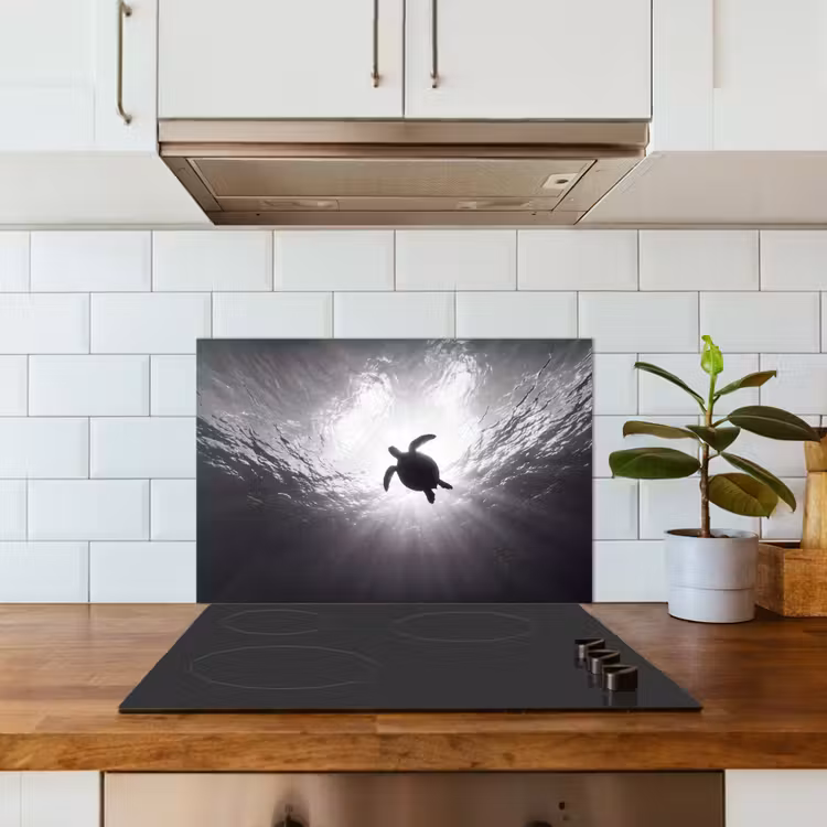 Schildpad - Onderwater - Lichtstralen - Oceaan - Zwart-wit keuken achterwand spatscherm klein -sfeer2