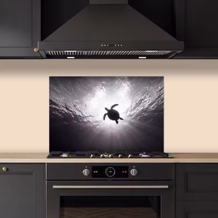 Schildpad - Onderwater - Lichtstralen - Oceaan - Zwart-wit keuken achterwand spatscherm klein -sfeer1