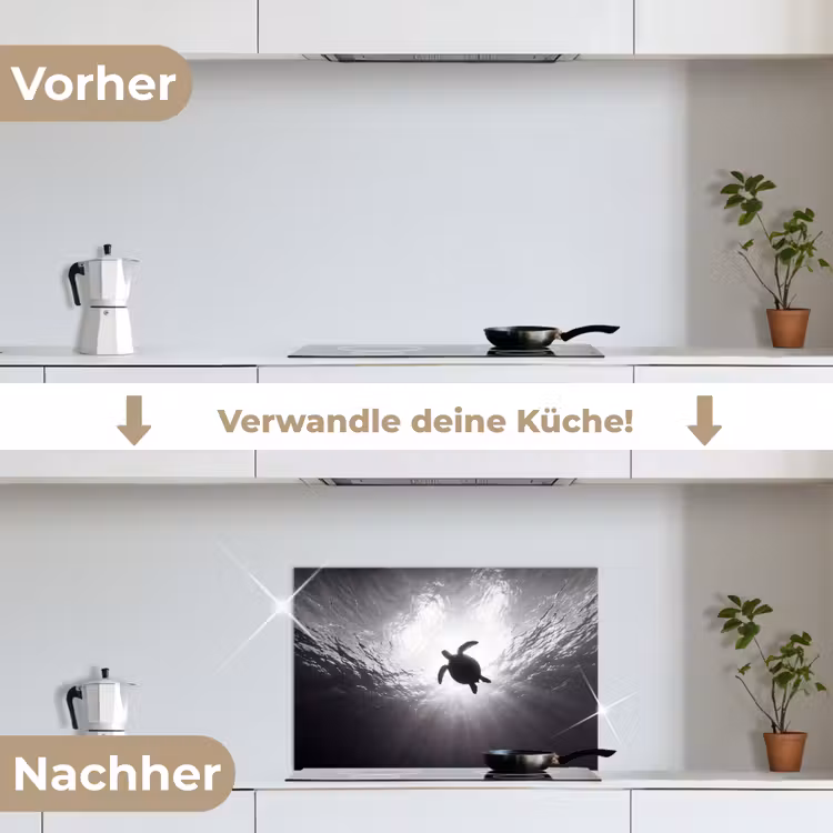 Schildpad - Onderwater - Lichtstralen - Oceaan - Zwart-wit keuken achterwand spatscherm klein -voor_na_DE