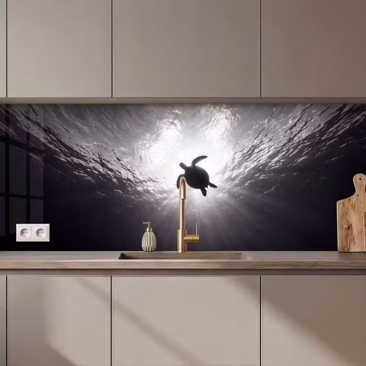 Schildpad - Onderwater - Lichtstralen - Oceaan - Zwart-wit keuken achterwand 2 middel zz_3dshopping