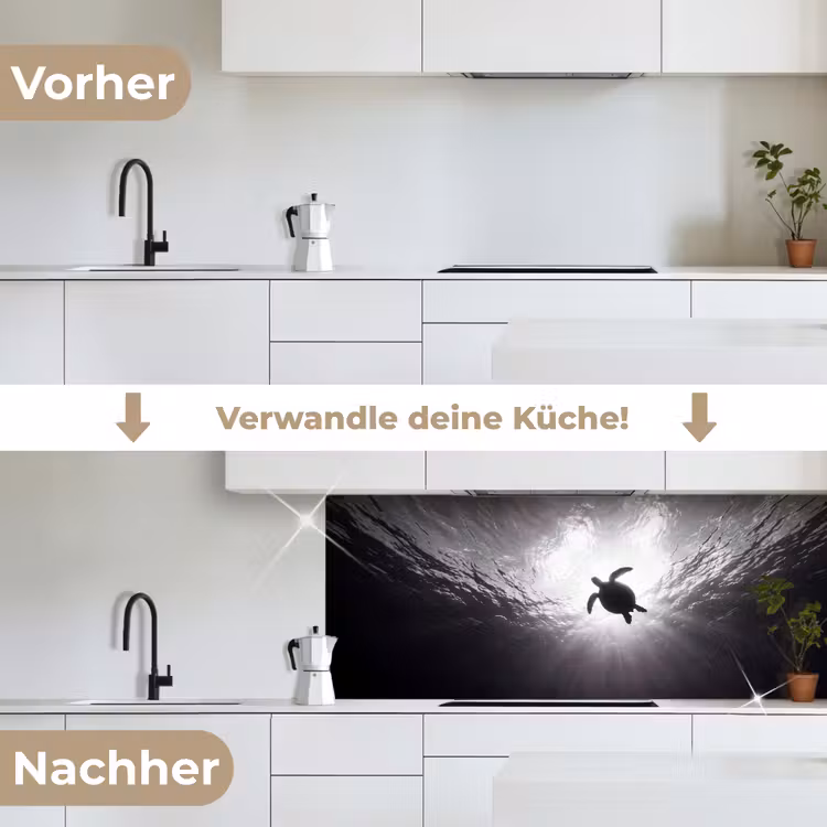 Schildpad - Onderwater - Lichtstralen - Oceaan - Zwart-wit keuken achterwand 2 middel -voor-na_DE