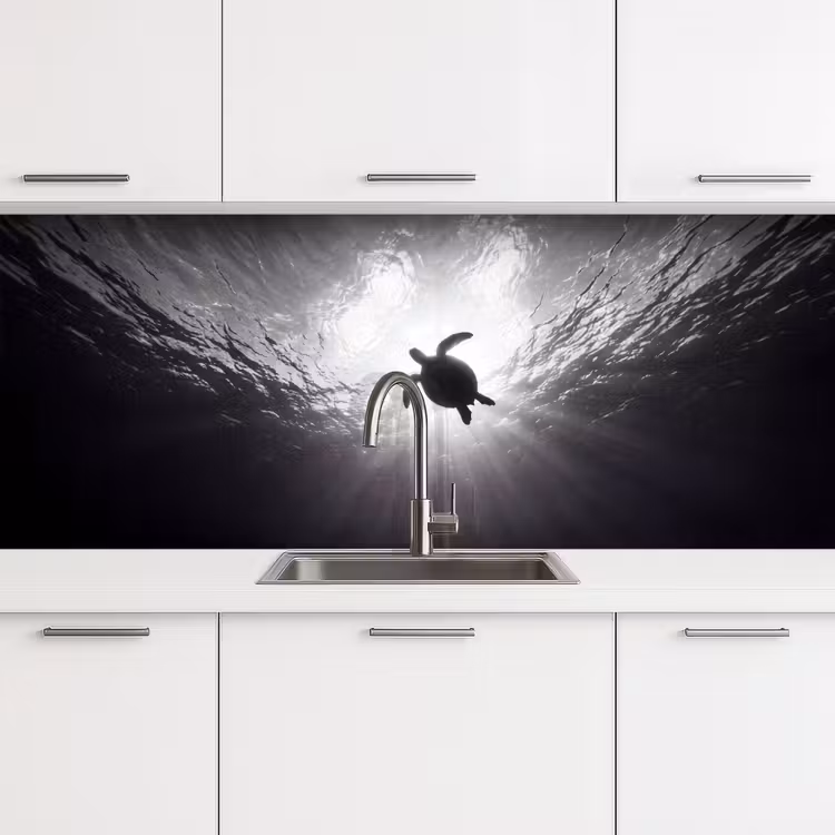 Schildpad - Onderwater - Lichtstralen - Oceaan - Zwart-wit keuken achterwand 2 middel -3d