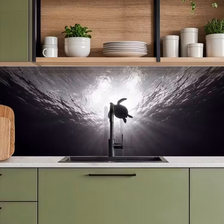 Schildpad - Onderwater - Lichtstralen - Oceaan - Zwart-wit keuken achterwand 2 middel -sfeer3
