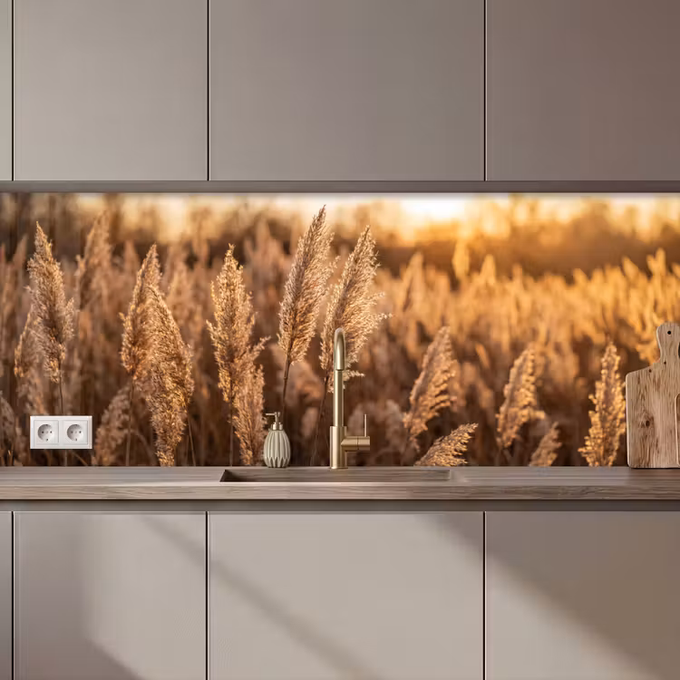 Rietpluimen - Gras - Zonsondergang - Goud - Serene keuken achterwand 2 middel zz_3dshopping