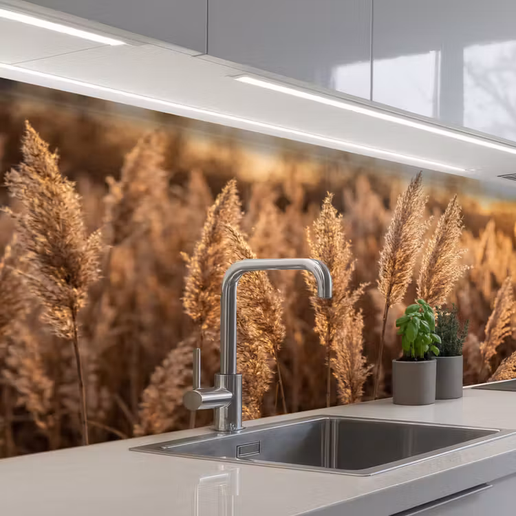 Rietpluimen - Gras - Zonsondergang - Goud - Serene keuken achterwand 2 middel -3d_schuin