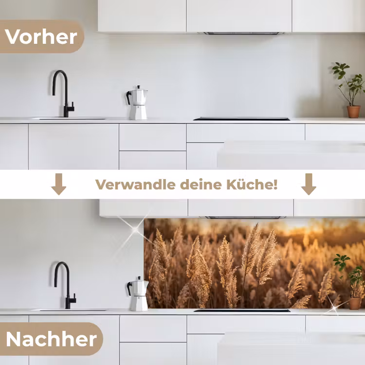 Rietpluimen - Gras - Zonsondergang - Goud - Serene keuken achterwand 2 middel -voor-na_DE