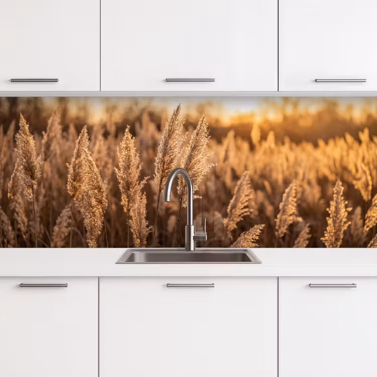 Rietpluimen - Gras - Zonsondergang - Goud - Serene keuken achterwand 2 middel -3d