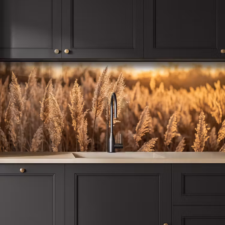 Rietpluimen - Gras - Zonsondergang - Goud - Serene keuken achterwand 2 middel -sfeer1