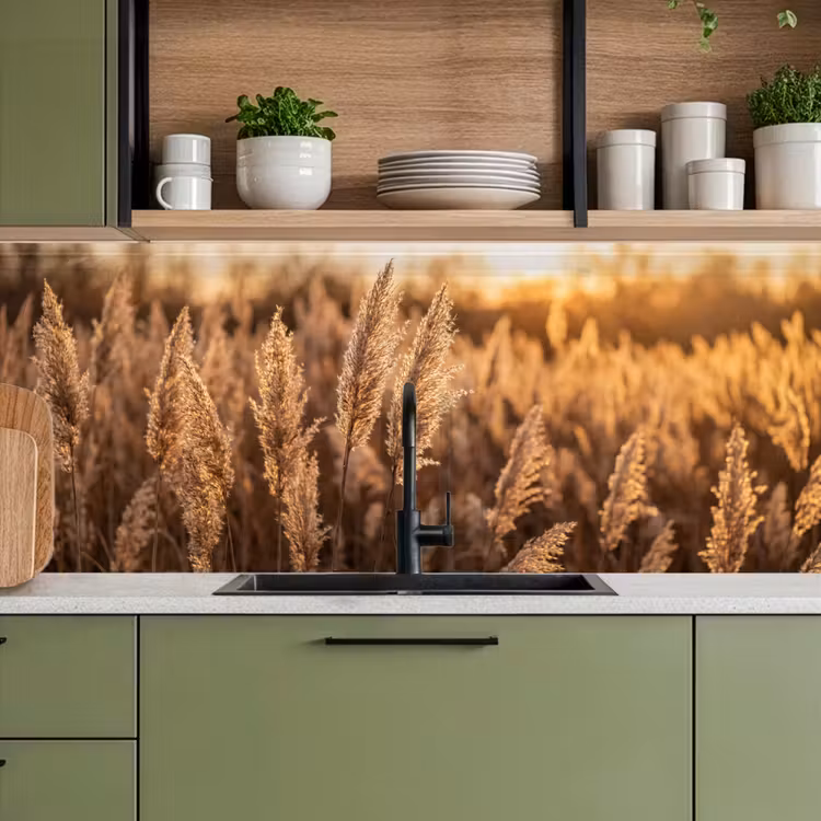 Rietpluimen - Gras - Zonsondergang - Goud - Serene keuken achterwand 2 middel -sfeer3