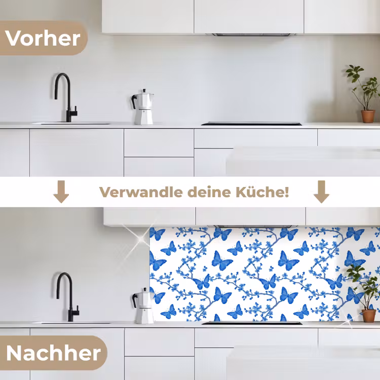 Vlinder - Bloemen - Blauw keuken achterwand 2 middel 871 -voor-na_DE