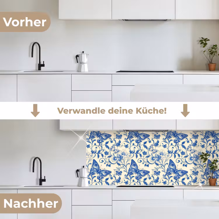 Vlinders - Bloemen - Blauw - Botanisch keuken achterwand 2 middel 871 -voor-na_DE