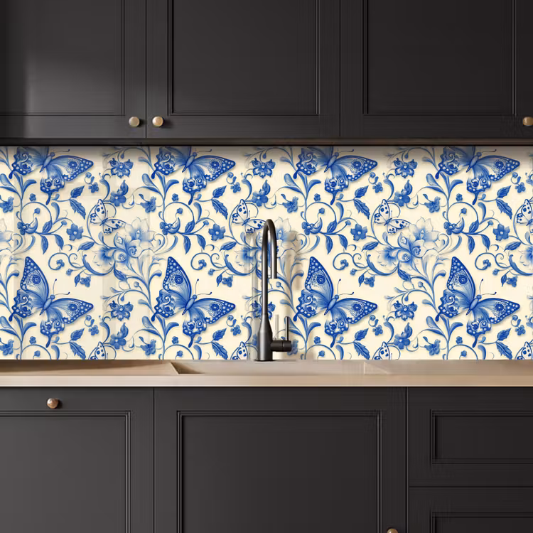 Vlinders - Bloemen - Blauw - Botanisch keuken achterwand 2 middel 871 -sfeer1
