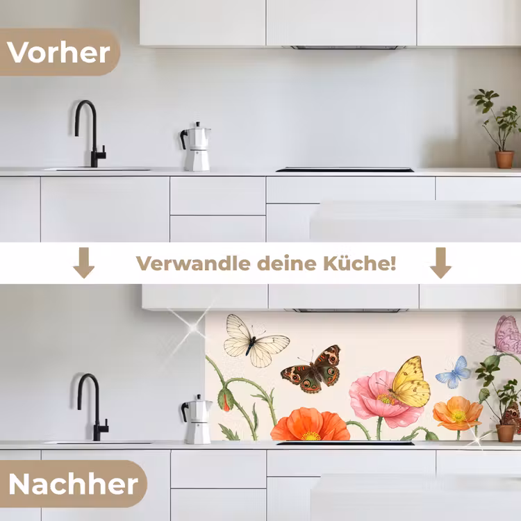 Vlinders - Klaprozen - Illustratie - Kleurrijk keuken achterwand 2 middel -voor-na_DE