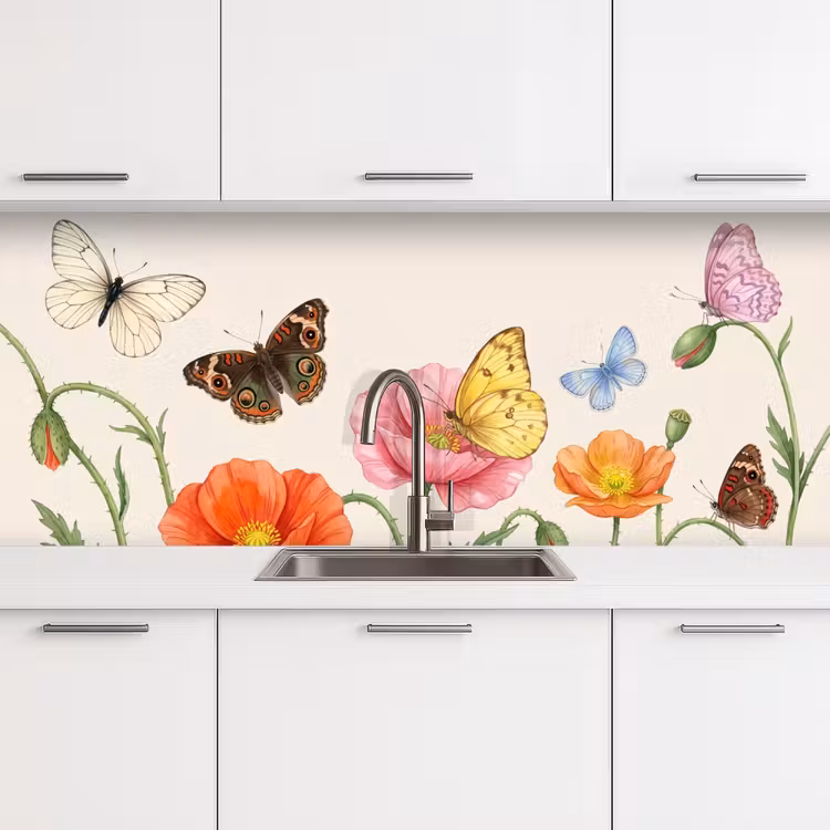 Vlinders - Klaprozen - Illustratie - Kleurrijk keuken achterwand 2 middel -3d