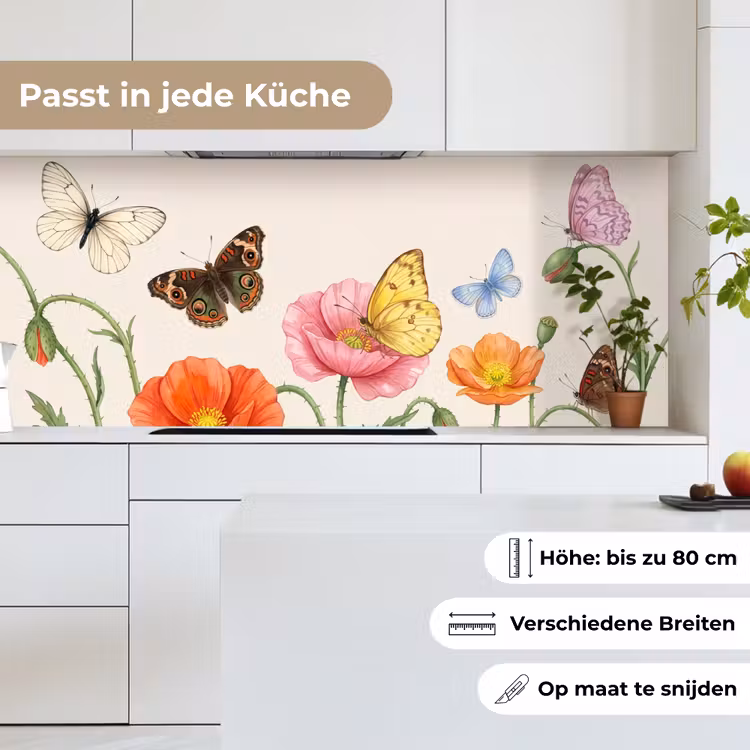Vlinders - Klaprozen - Illustratie - Kleurrijk keuken achterwand 2 middel -sfeer4_DE