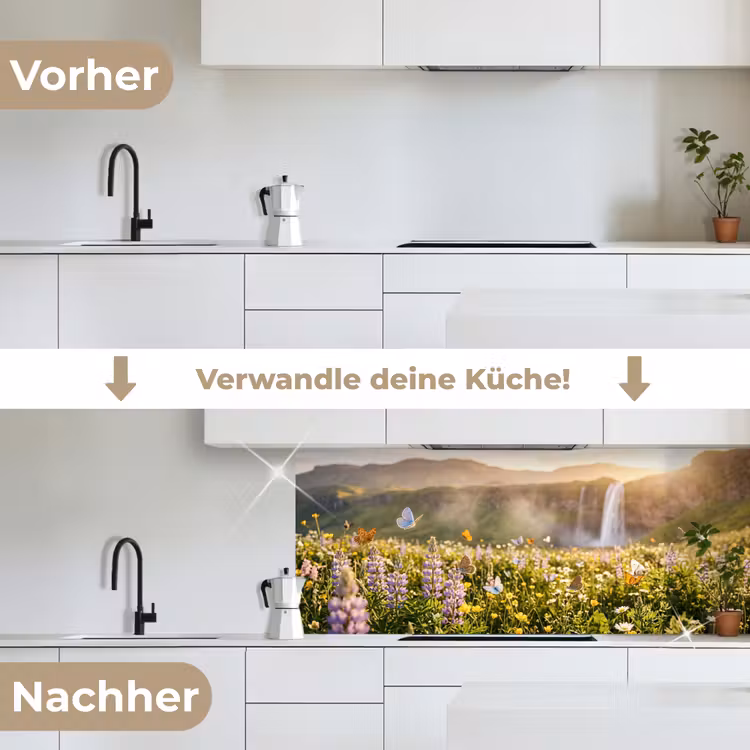 Vlinders - Waterval - Bloemenveld keuken achterwand 2 middel -voor-na_DE