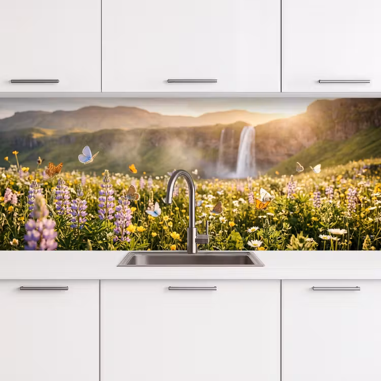 Vlinders - Waterval - Bloemenveld keuken achterwand 2 middel -3d
