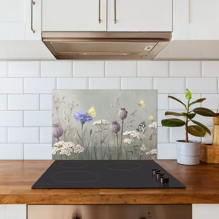 Vlinders - Wildbloemen - Illustratie - Kleurrijk keuken achterwand spatscherm klein -sfeer2