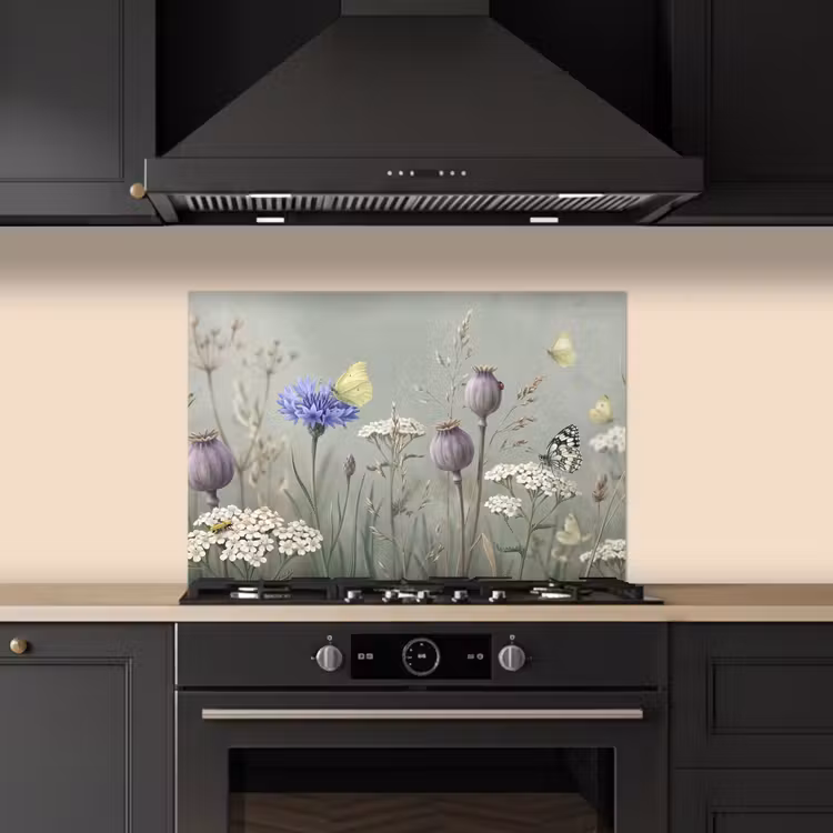 Vlinders - Wildbloemen - Illustratie - Kleurrijk keuken achterwand spatscherm klein -sfeer1