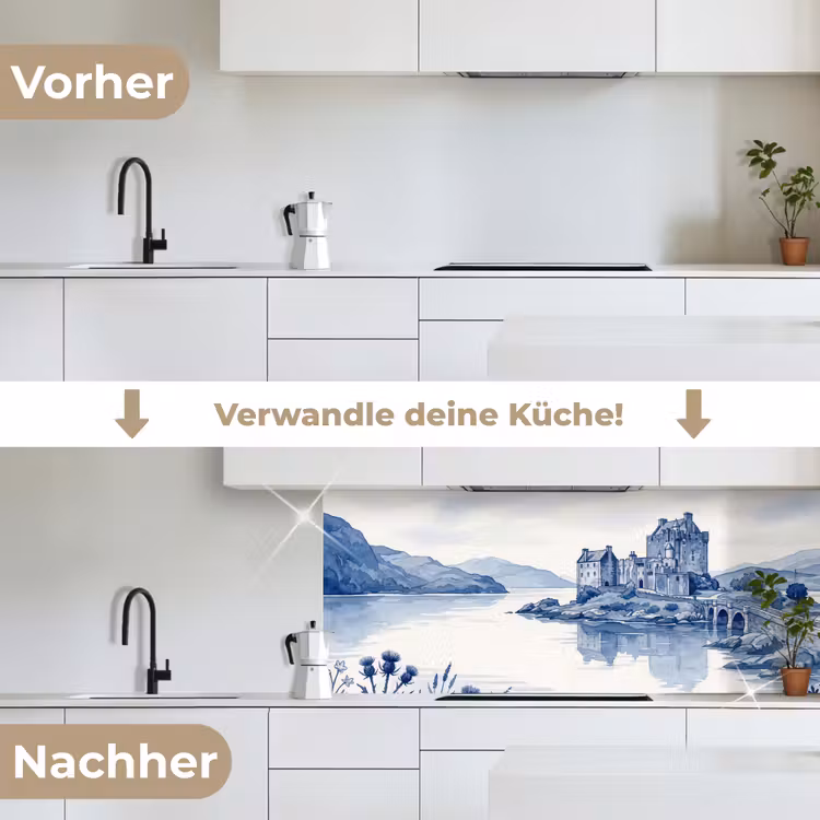 Schots - Kasteel - Blauw - Aquarel keuken achterwand 2 middel -voor-na_DE