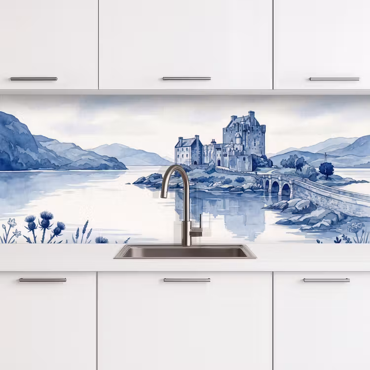 Schots - Kasteel - Blauw - Aquarel keuken achterwand 2 middel -3d
