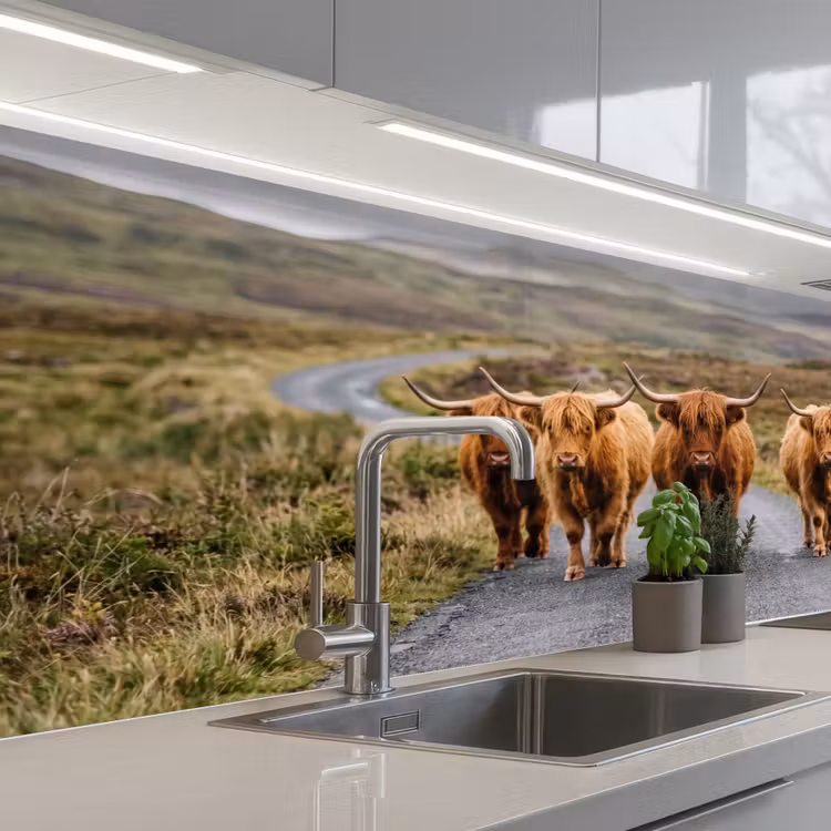 Schotse Hooglanders - Weg - Landschap - Kudde keuken achterwand 2 middel -3d_schuin