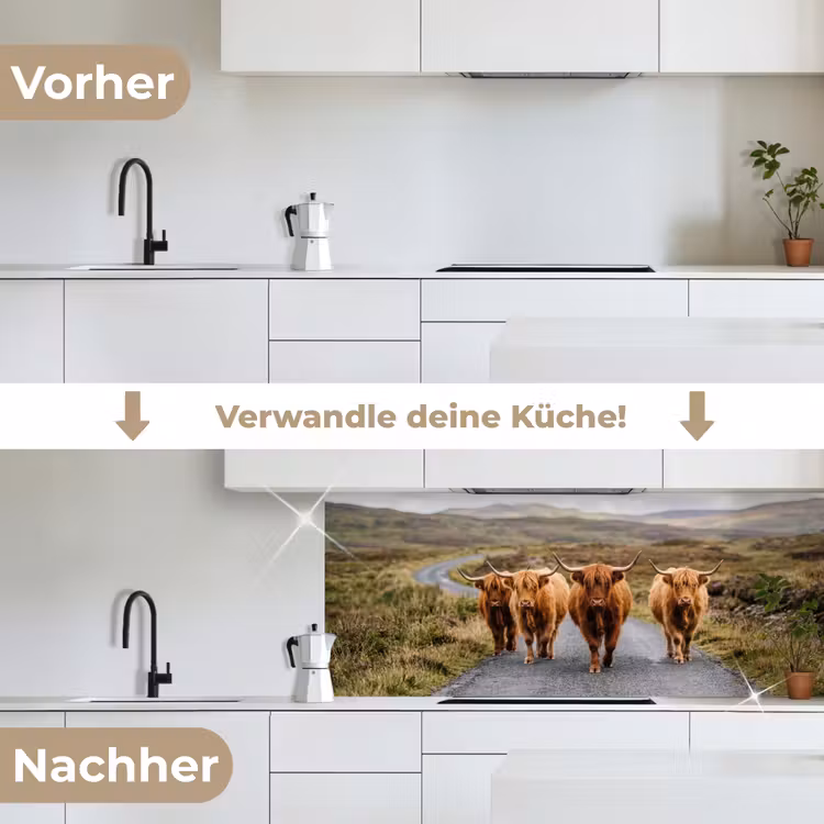 Schotse Hooglanders - Weg - Landschap - Kudde keuken achterwand 2 middel -voor-na_DE